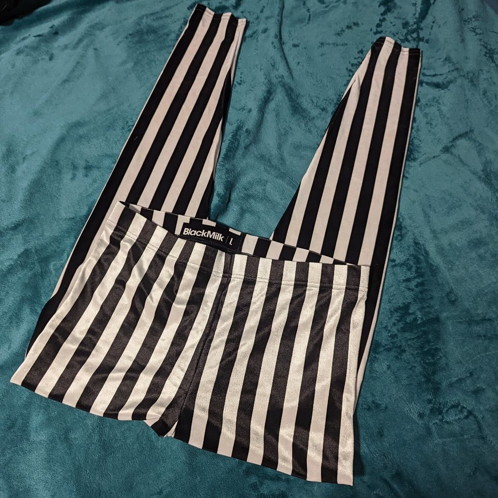L BlackMilk Beetlejuice velvet black white stripe Leggings